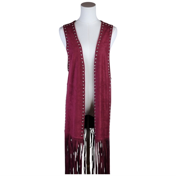 Crazy Train Burgundy Fringe Vest OS Studded Western Festival Rodeo Duster - Picture 3 of 8